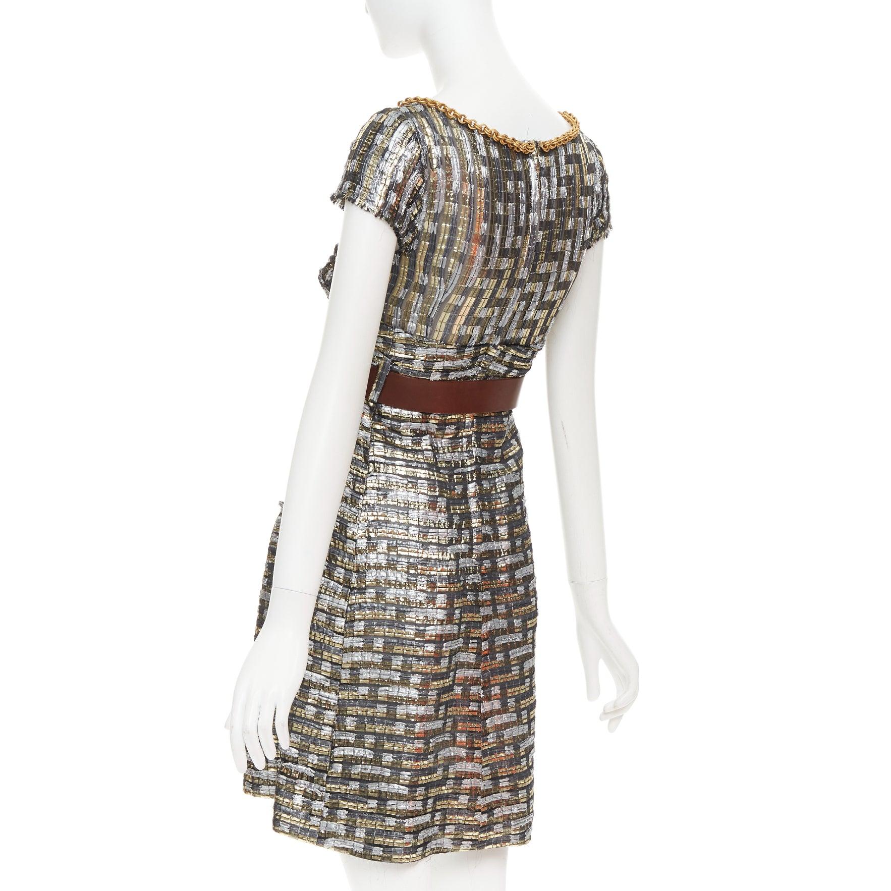 DOLCE GABBANA gold silver checked jacquard gold chain trim belted dress IT38 XS For Sale 1