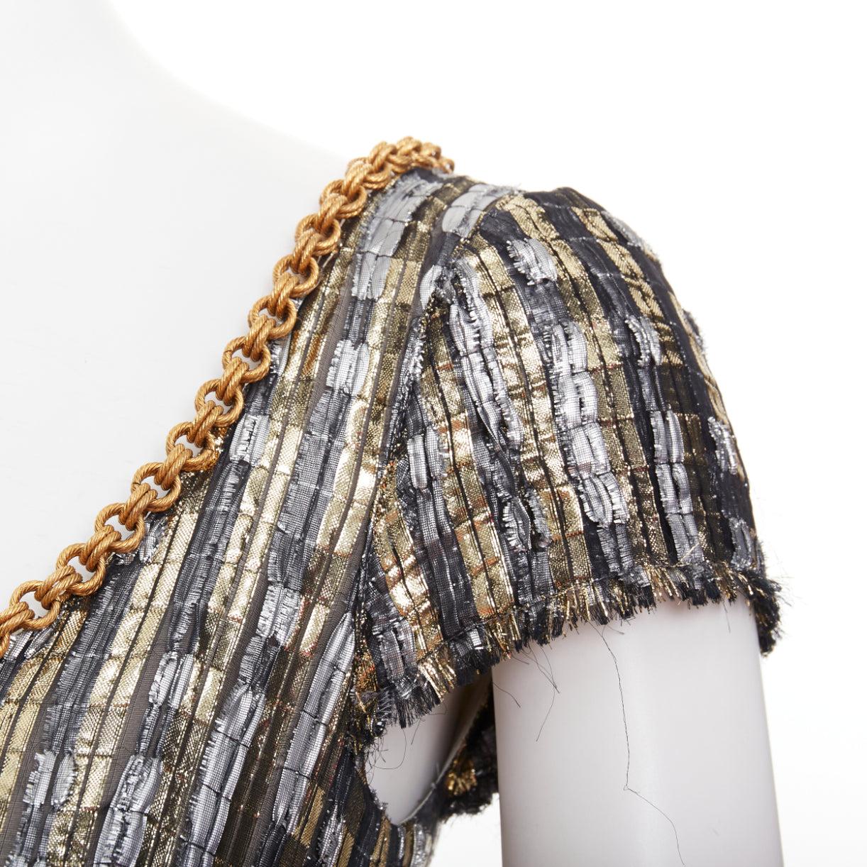 DOLCE GABBANA gold silver checked jacquard gold chain trim belted dress IT38 XS For Sale 2