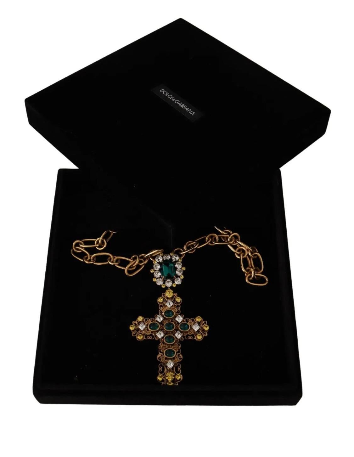 Dolce & Gabbana Gold tone chain necklace with multicolor cross crystals pendant 2