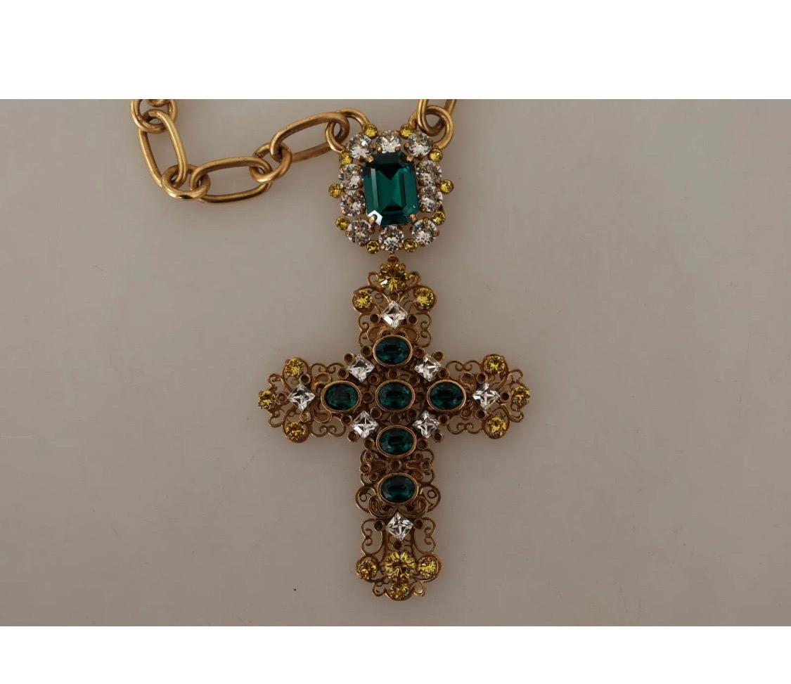 Dolce & Gabbana Gold tone chain necklace with multicolor cross crystals pendant 4