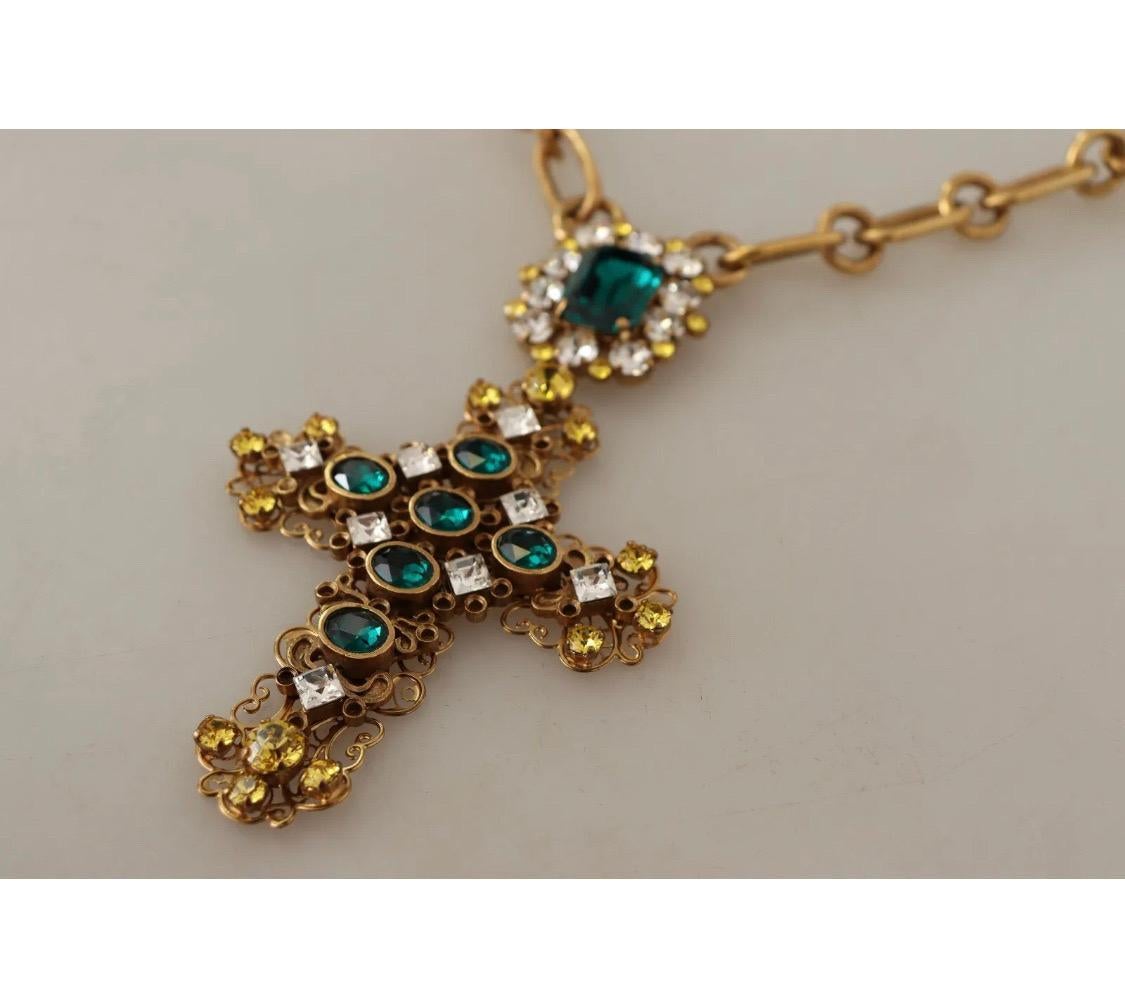 Women's Dolce & Gabbana Gold tone chain necklace with multicolor cross crystals pendant
