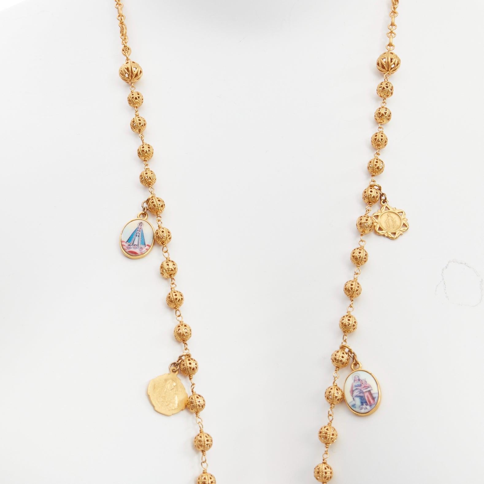 DOLCE GABBANA gold tone Jesus cross Saints coin charm long rosary necklace In Good Condition In Hong Kong, NT