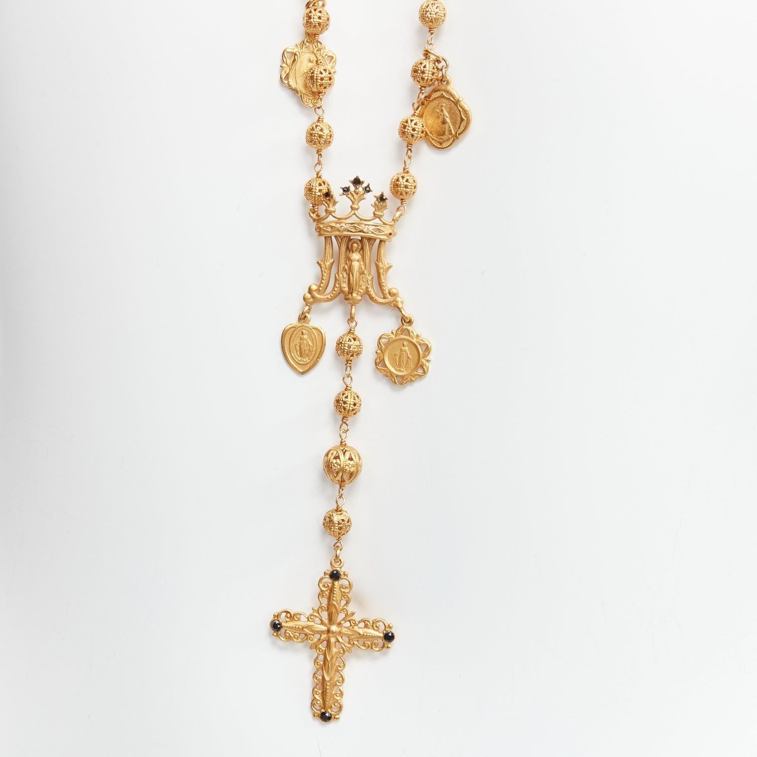 DOLCE GABBANA gold tone Jesus cross Saints coin charm long rosary necklace For Sale 2