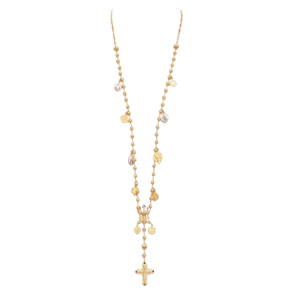 DOLCE GABBANA gold tone Jesus cross Saints coin charm long rosary necklace For Sale