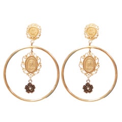 DOLCE GABBANA gold tone Maria pearl rose rosary hoop clip earrings