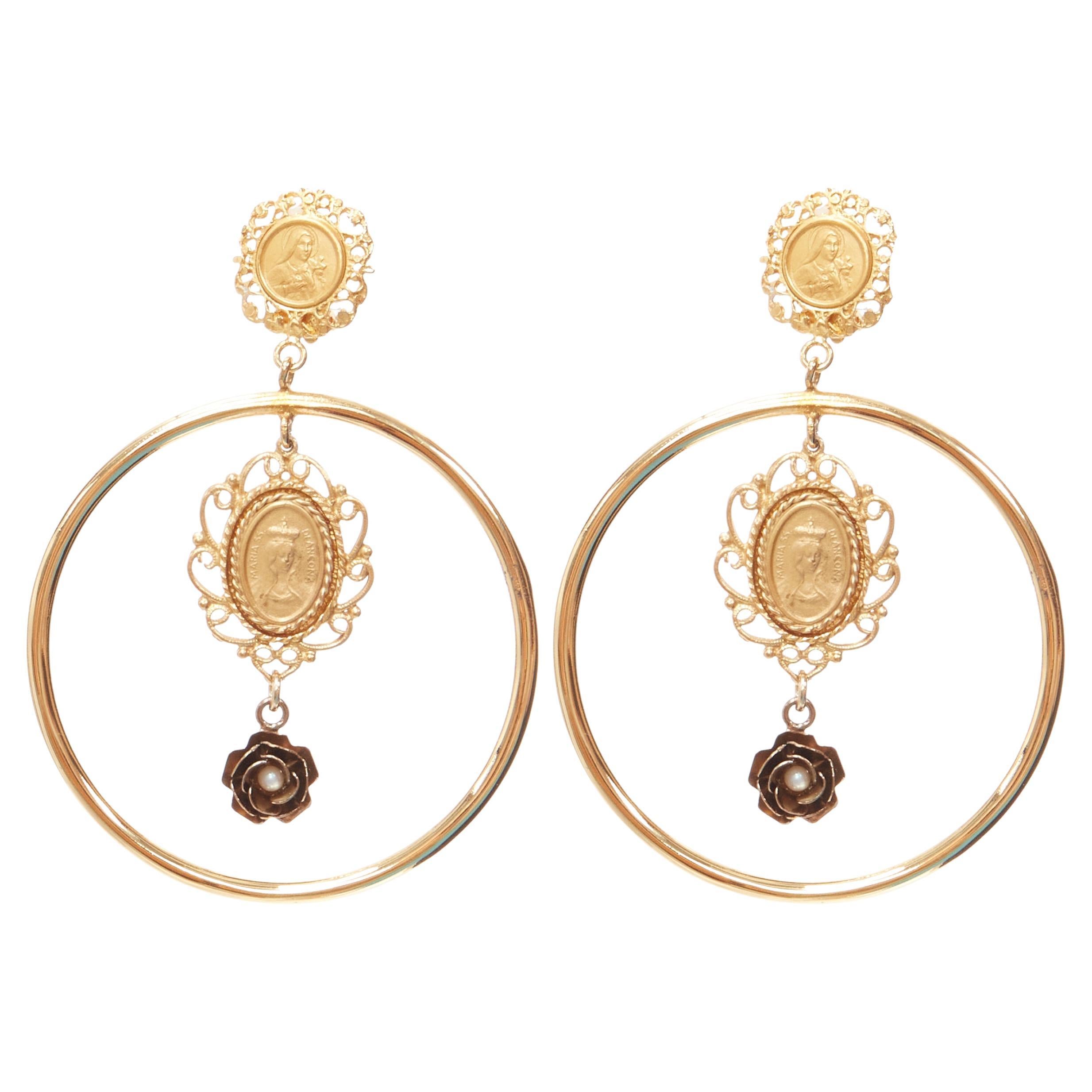 DOLCE GABBANA gold tone Maria pearl rose rosary hoop clip earrings For Sale