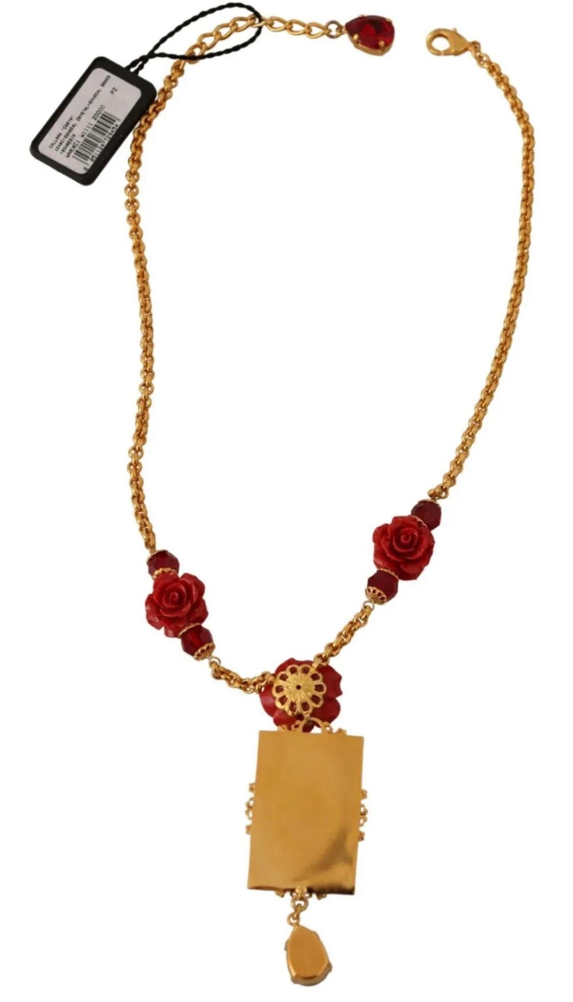 Dolce & Gabbana Gold tone necklace with Resin Flower Card Deck Crystal Pendant For Sale 3