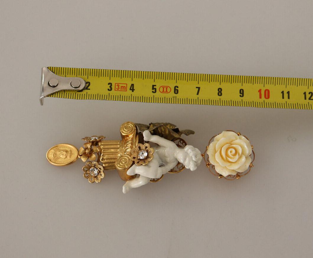Dolce & Gabbana Gold White Brass Angel Roses Clip-on Dangle Earrings With Box For Sale 4
