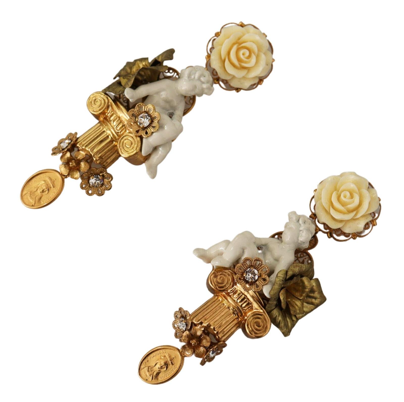 Modern Dolce & Gabbana Gold White Brass Angel Roses Clip-on Dangle Earrings With Box For Sale