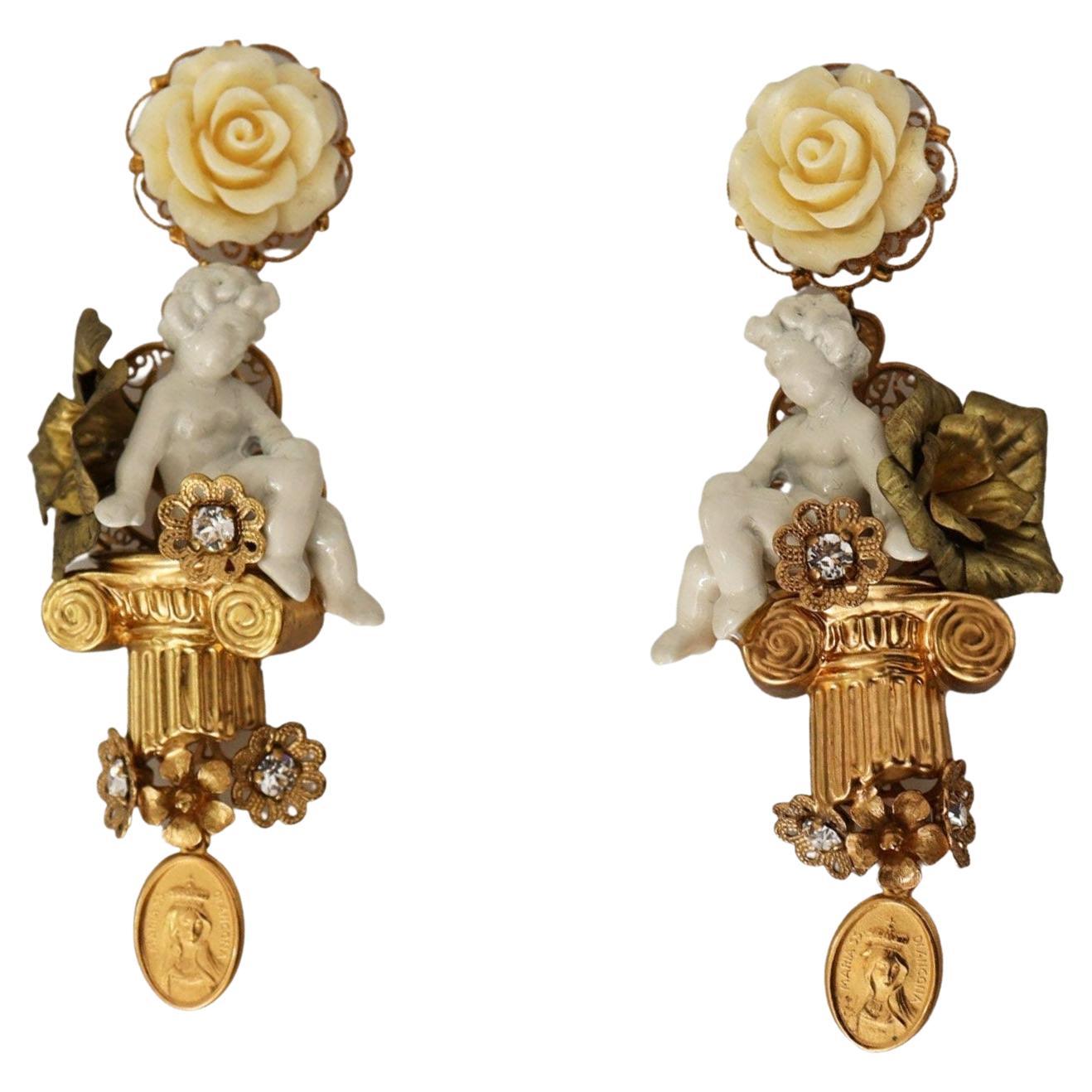 Dolce and Gabbana Gold White Brass Angel Roses Clip-on Dangle Earrings With  Box For Sale at 1stDibs