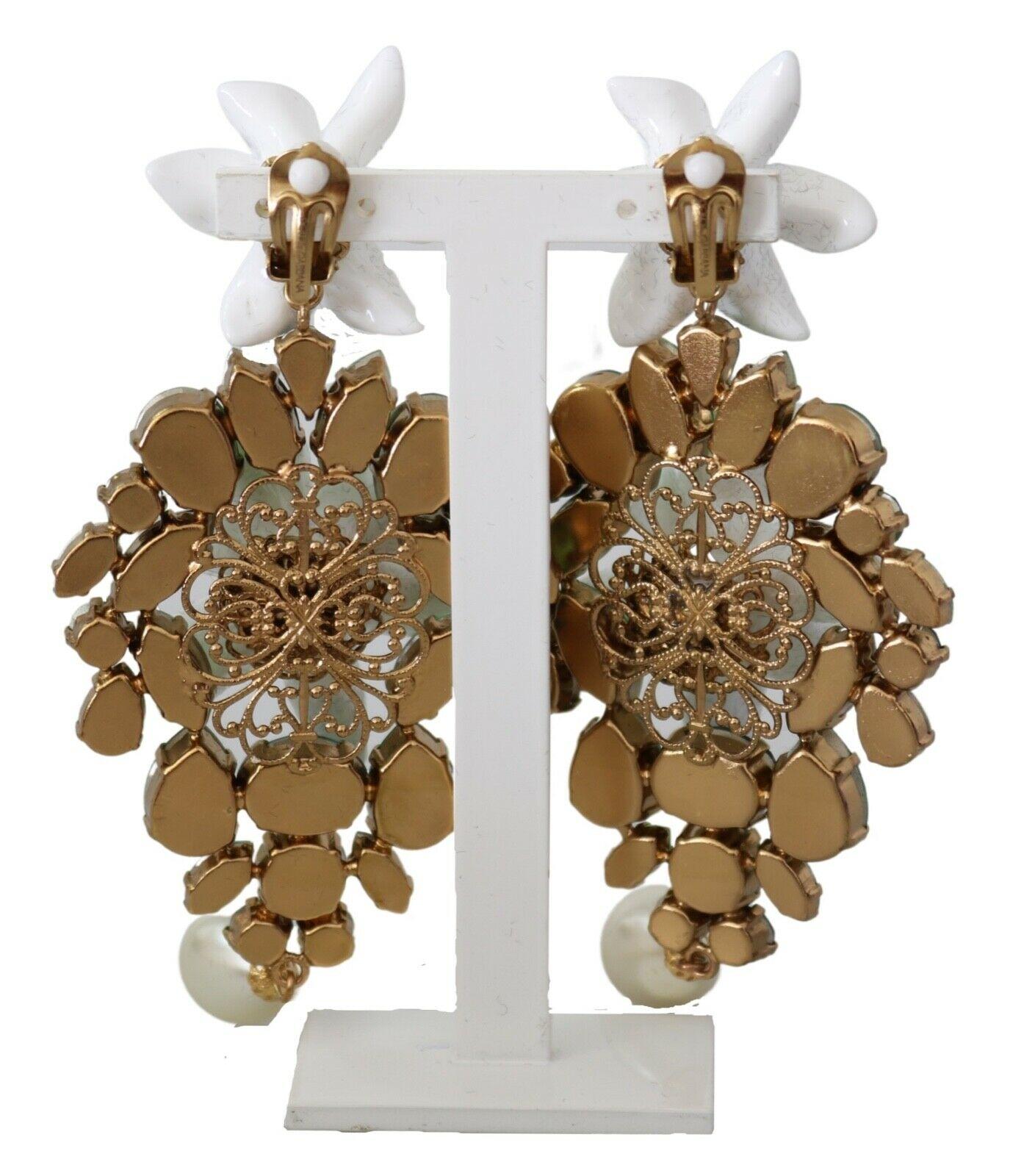 Modern Dolce & Gabbana Gold White Green Brass Lilly Flower Clip-on Drop Earrings Lilies