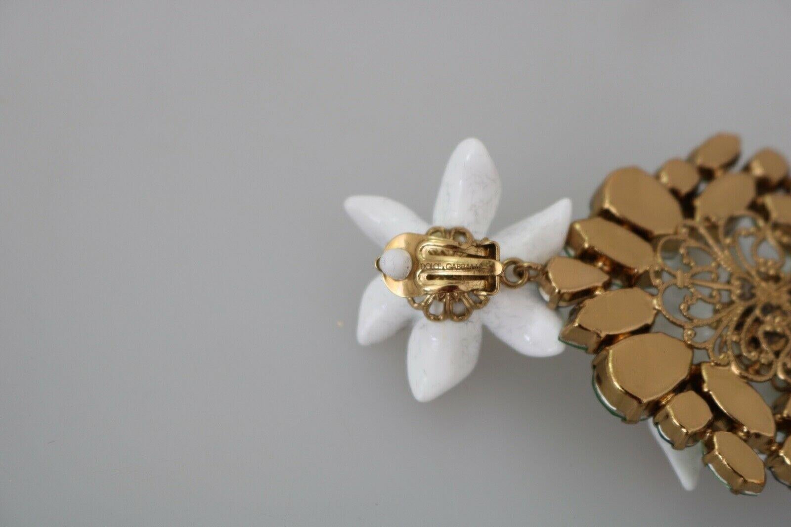 Dolce & Gabbana Gold White Green Brass Lilly Flower Clip-on Drop Earrings Lilies In New Condition In WELWYN, GB
