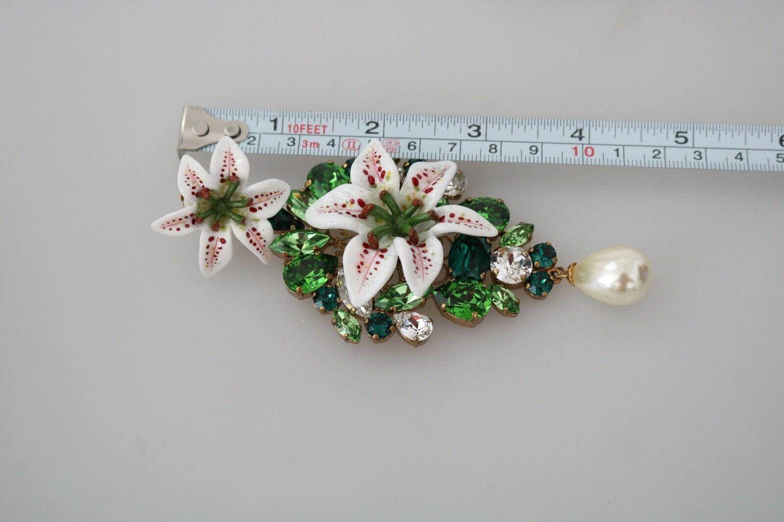 Women's Dolce & Gabbana Gold White Green Brass Lilly Flower Clip-on Drop Earrings Lilies