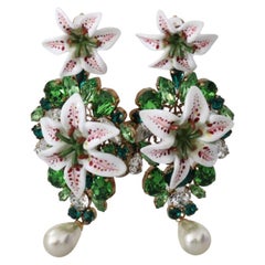 Dolce & Gabbana Gold White Green Brass Lilly Flower Clip-on Drop Earrings Lilies