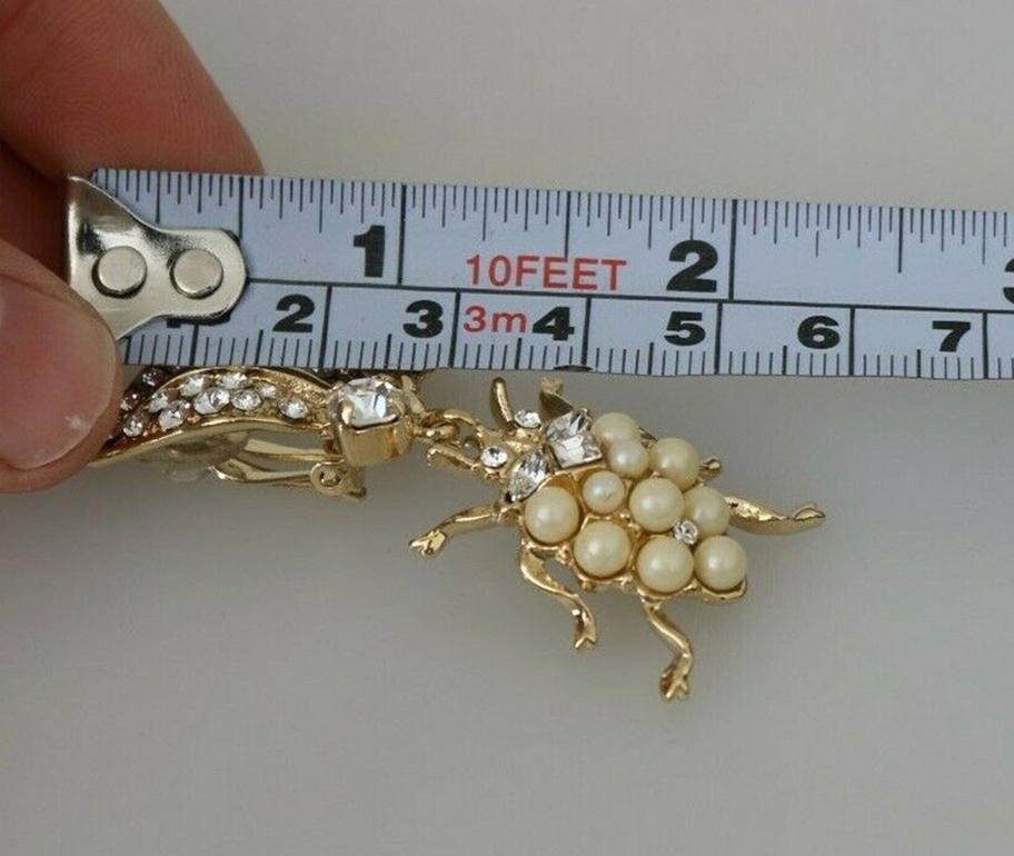 Dolce & Gabbana Gold White Pearl Crystal Bugs Flower Clip-on Dangling Earrings In New Condition For Sale In WELWYN, GB