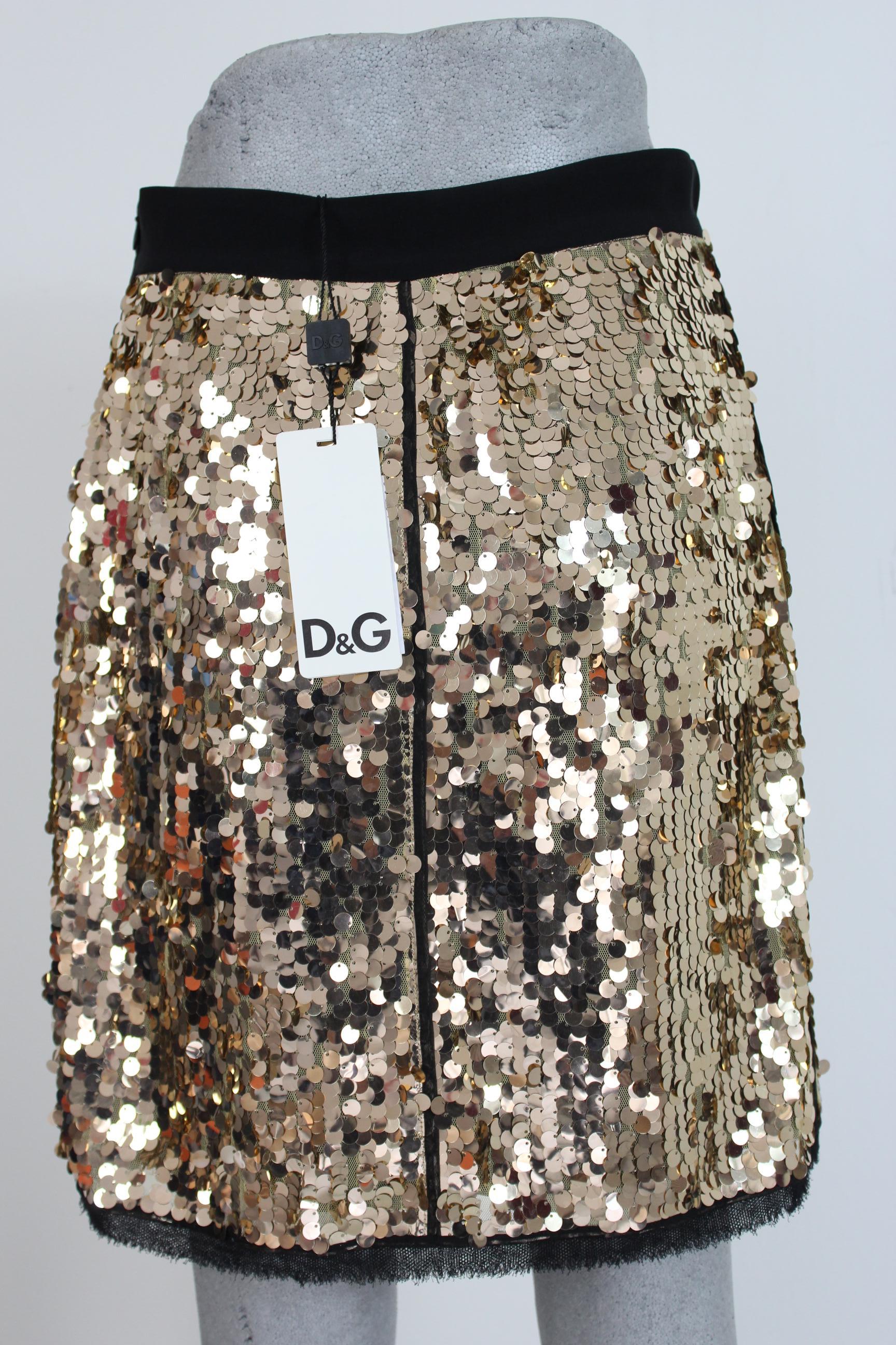 Beige Dolce Gabbana Golden Sequins Silk Charleston Short Evening Skirt 2000s