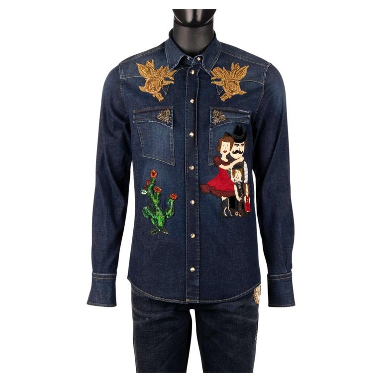 Dolce & Gabbana Blue Cotton Denim Crystal Bee Shirt