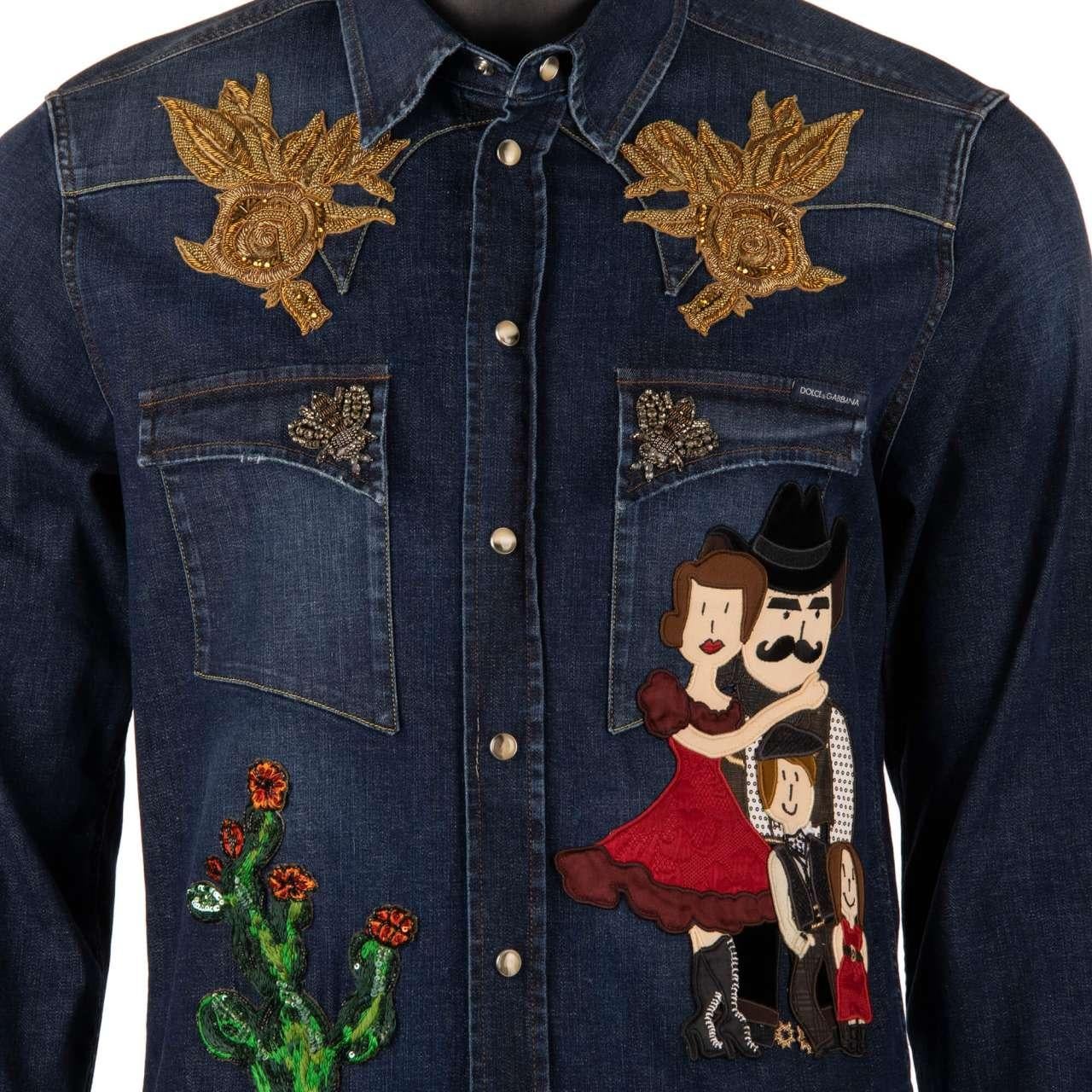 - Goldwork hand-embroidered Jeans / Denim shirt with DG Family, roses, crystal bees and cactus applications, push button fastening and two front pockets in blue by DOLCE & GABBANA - New with tag - Former RRP: EUR 1.950 - MADE IN ITALY - Slim Fit -