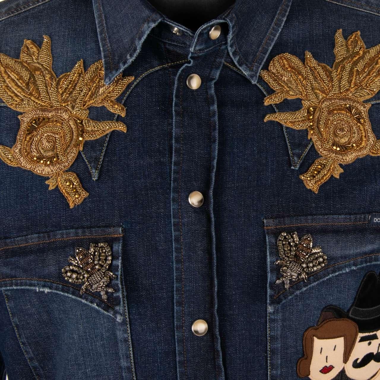 Dolce & Gabbana Goldwork Embroidery Rose Bee Denim Jeans Shirt Blue 38/15 For Sale 1