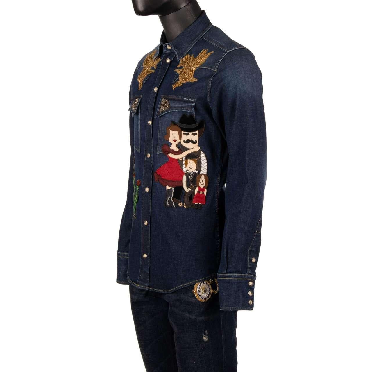 Dolce & Gabbana Goldwork Embroidery Rose Bee Denim Jeans Shirt Blue 38/15 For Sale 3
