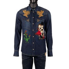 Dolce & Gabbana Goldwork Embroidery Rose Bee Denim Jeans Shirt Blue 39/15.5