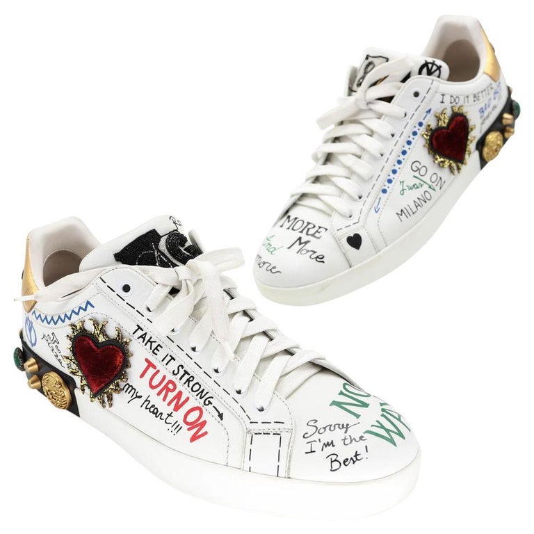 Dolce and Gabbana Graffiti Portofino Embellished Logo Sneakers  DG-S0208N-0001 For Sale at 1stDibs
