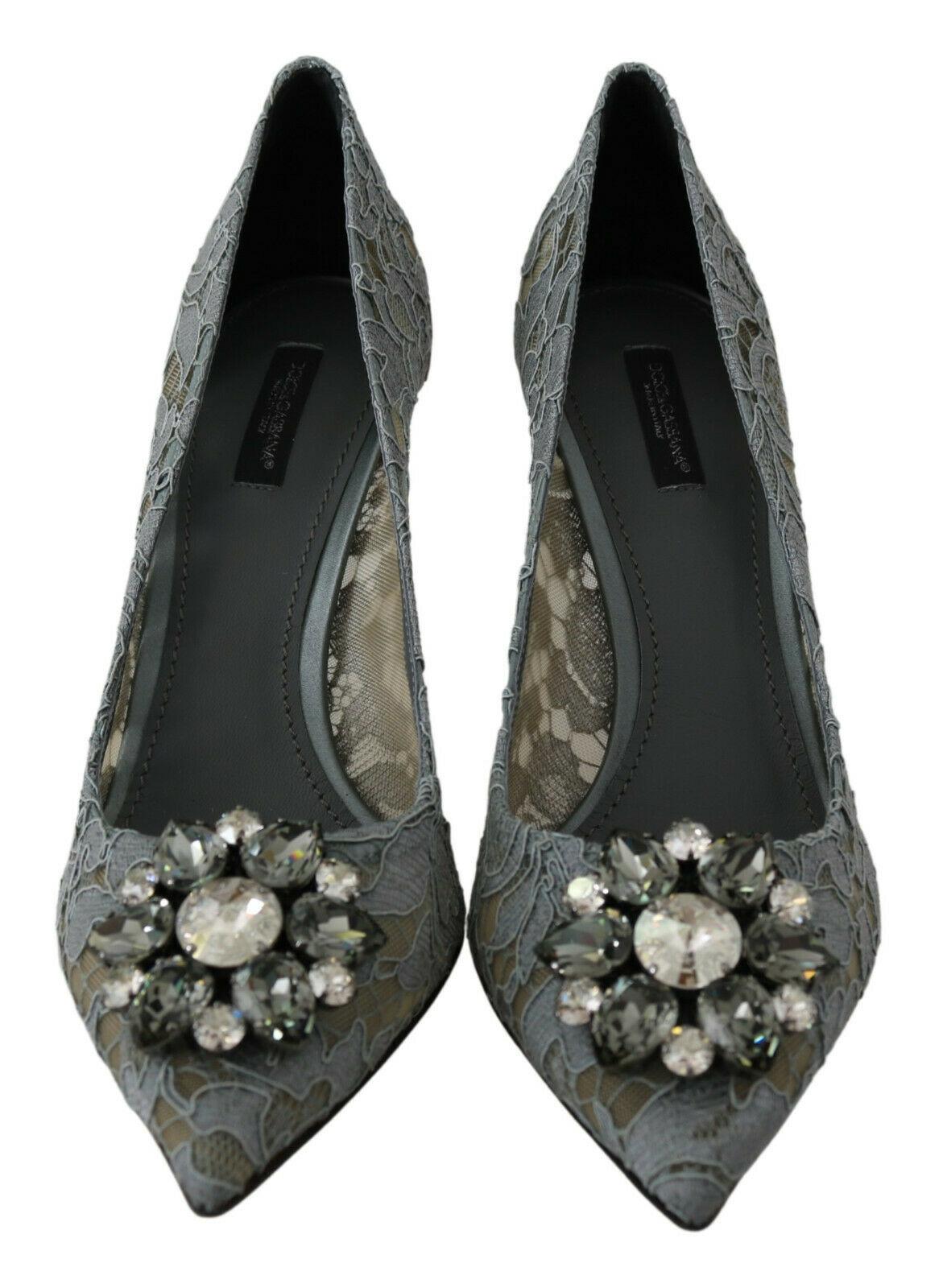 Dolce & Gabbana Gray Floral Lace Pumps Shoes High Heels With Jewels Crystals DG In New Condition In WELWYN, GB