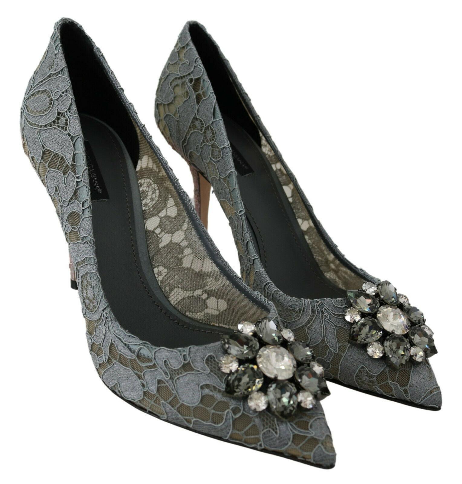 Women's Dolce & Gabbana Gray Floral Lace Pumps Shoes High Heels With Jewels Crystals DG