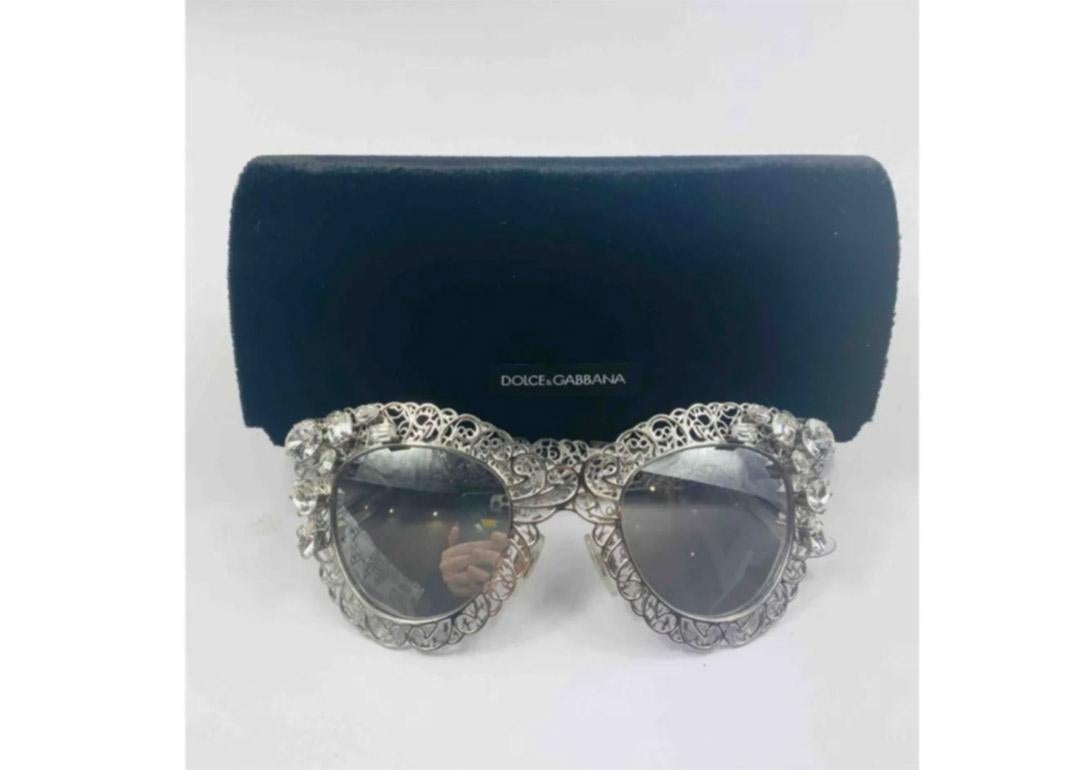 Women's Dolce & Gabbana Gray Silver Metal Filigree Clear Crystals Oversized Sunglasses
