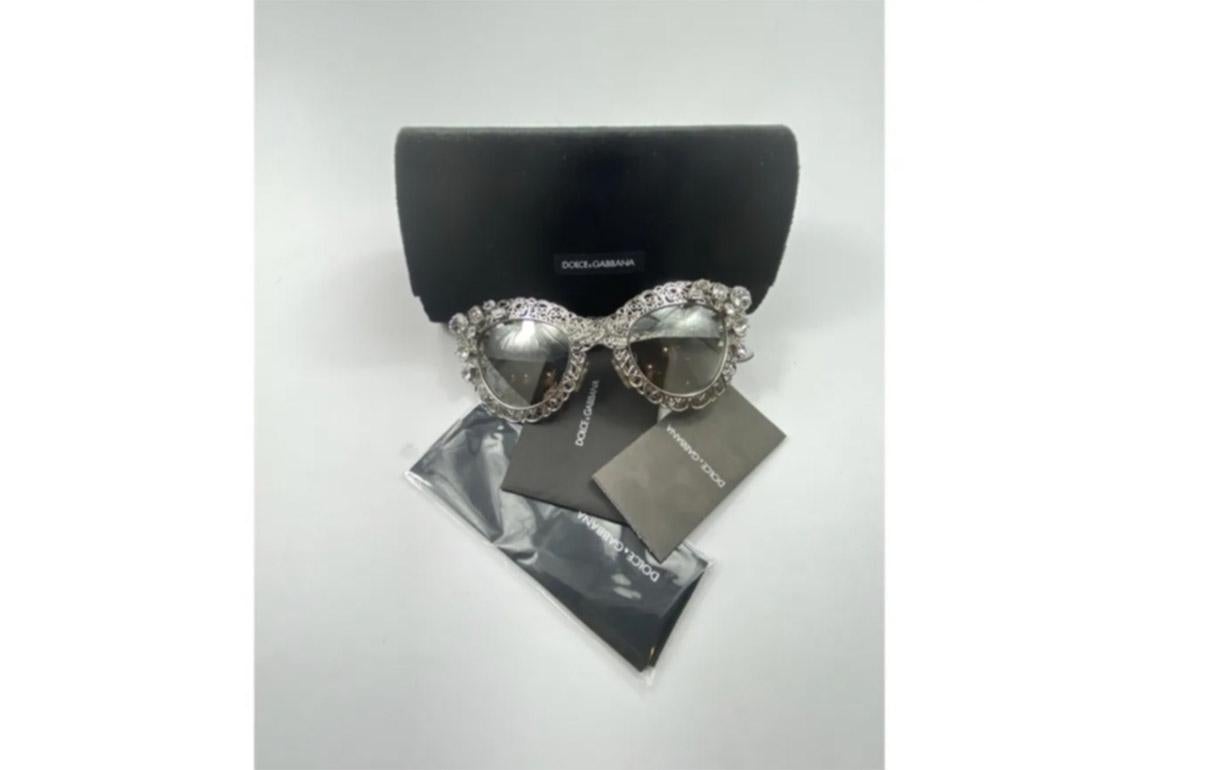 Dolce & Gabbana Gray Silver Metal Filigree Clear Crystals Oversized Sunglasses 1