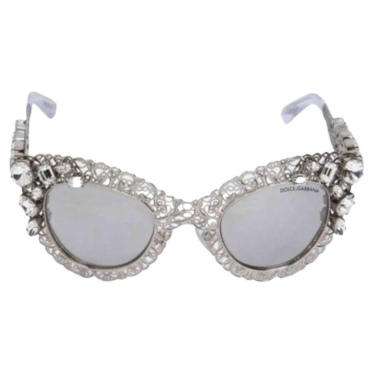 Dolce and Gabbana Gray Silver Metal Filigree Clear Crystals  display picture 3