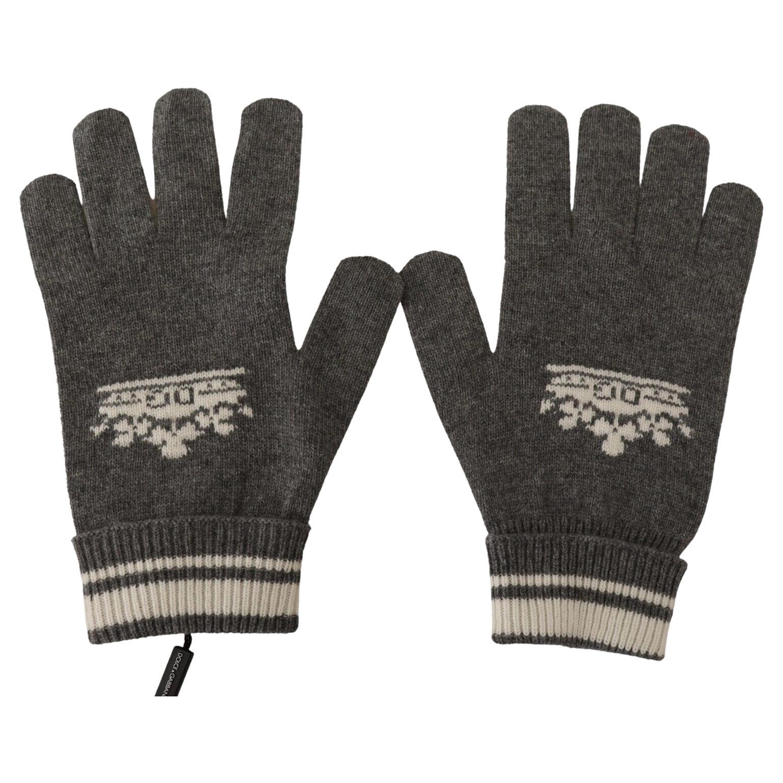 Dolce & Gabbana Gray White Cashmere Crown Warm Soft Autumn Winter Gloves DG  For Sale
