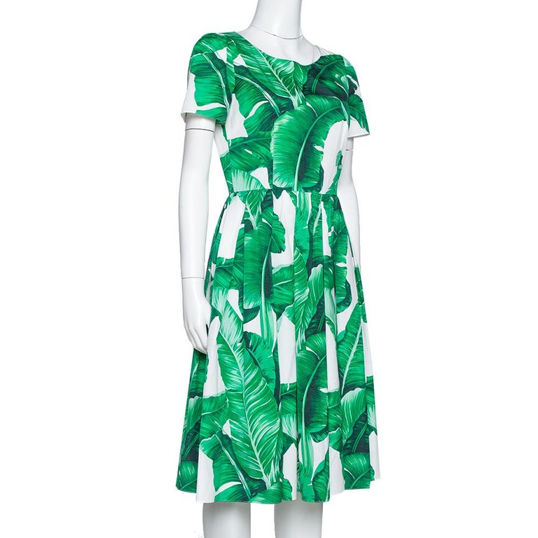 Dolce and Gabbana Green and White Banana Leaf Print Cotton Midi Dress M at  1stDibs