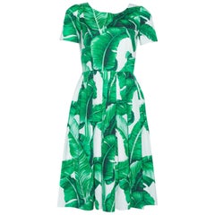 Dolce & Gabbana Green and White Banana Leaf Print Cotton Midi Dress M