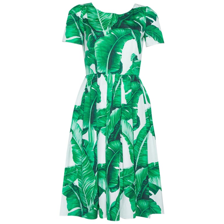 Dolce and Gabbana Green and White Banana Leaf Print Cotton Midi Dress M ...