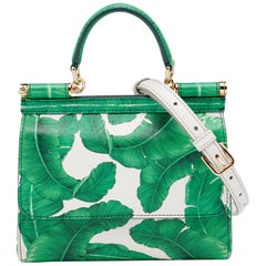 Dolce & Gabbana Green Banana Leaf Print Leather Small Miss Sicily Top Handle Bag