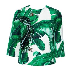 Dolce & Gabbana Green Banana Leaf Printed Jacquard Embellished Collarless Jacket