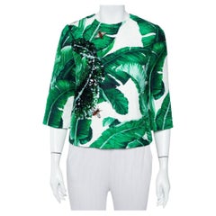 Dolce & Gabbana Green Banana Leaf Printed Jacquard Embellished Collarless Jacket