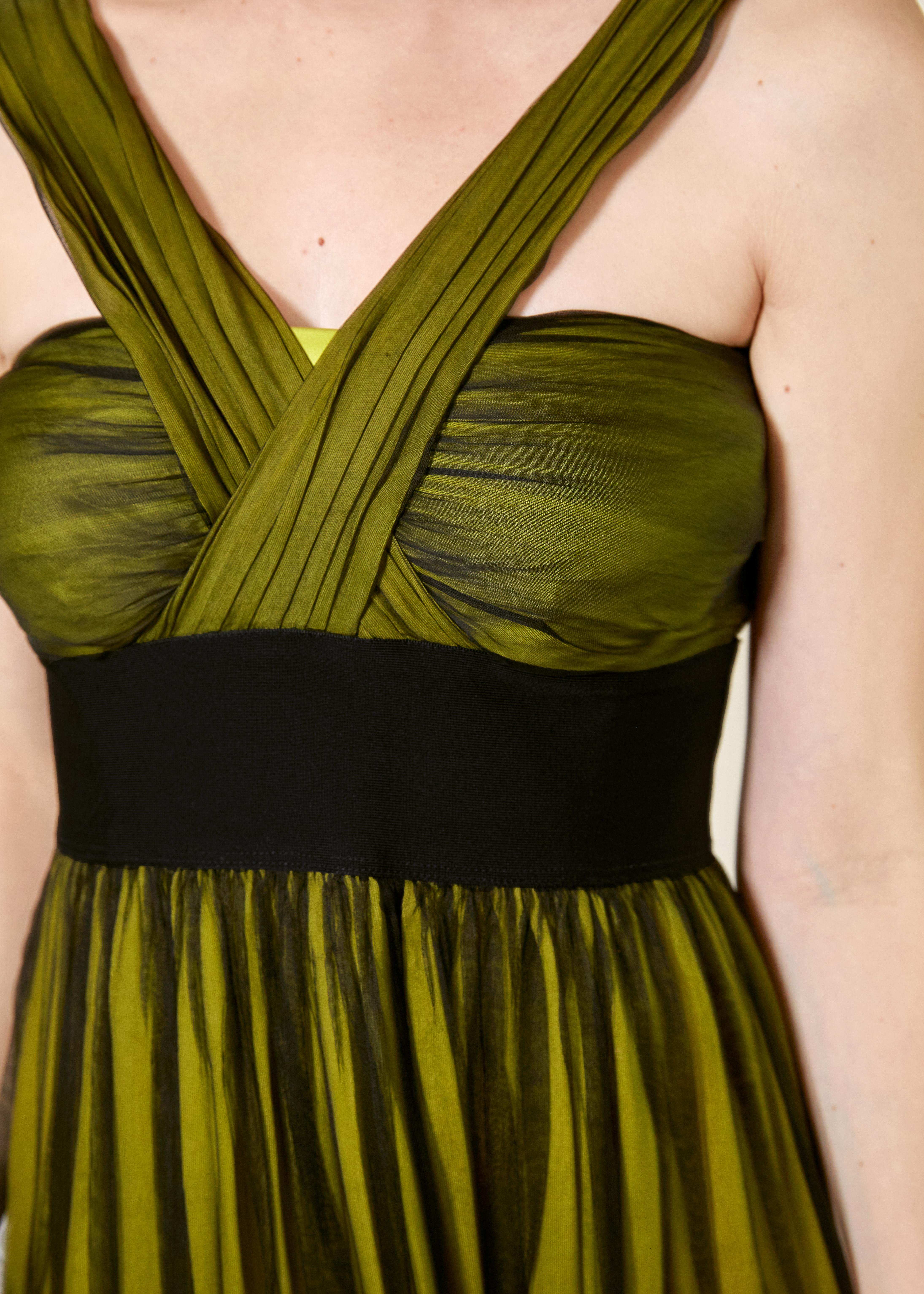 Dolce & Gabbana Green/Black Cross-Front Chiffon Gown In Excellent Condition For Sale In Los Angeles, CA