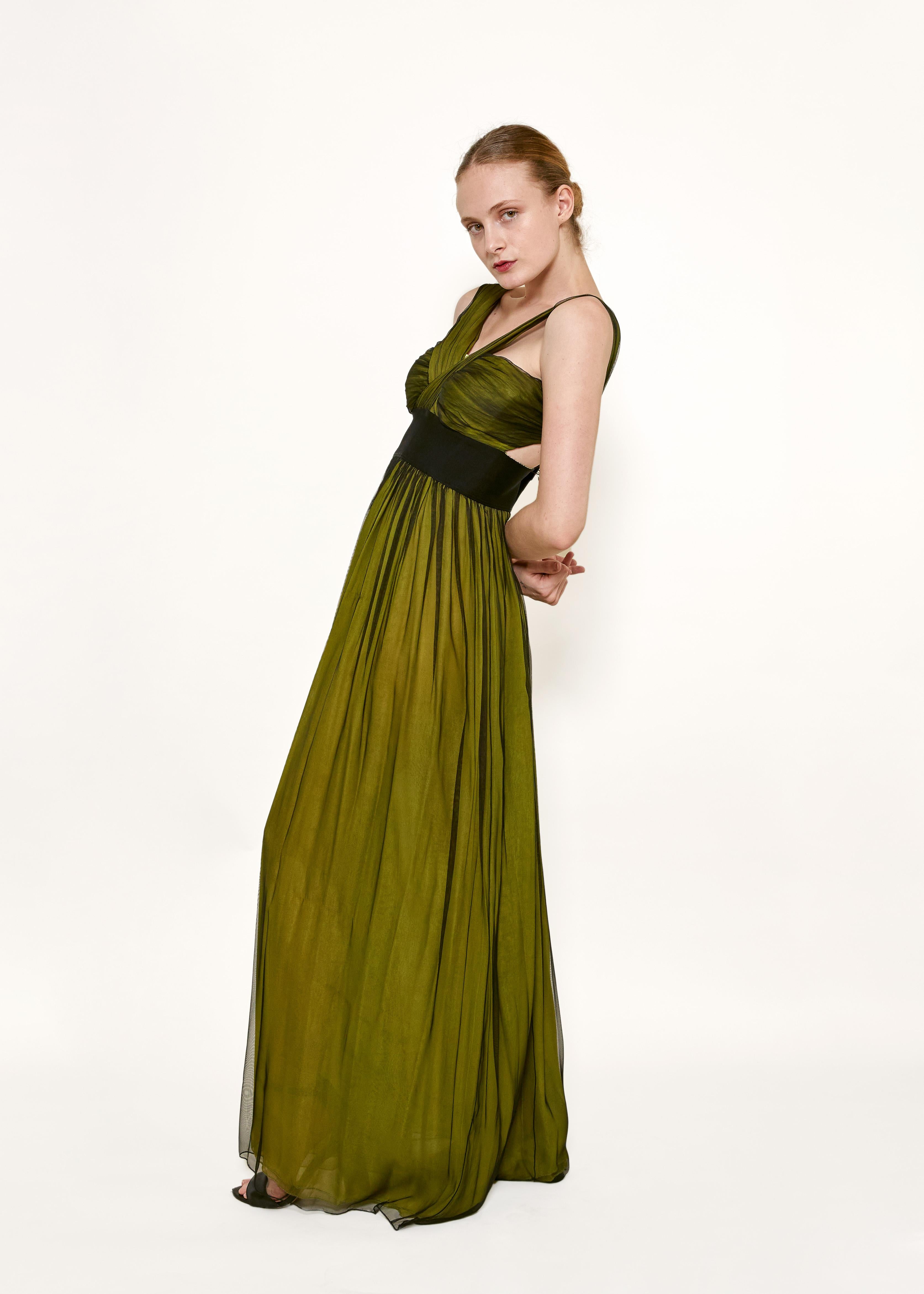 Dolce & Gabbana Green/Black Cross-Front Chiffon Gown In Excellent Condition For Sale In Los Angeles, CA