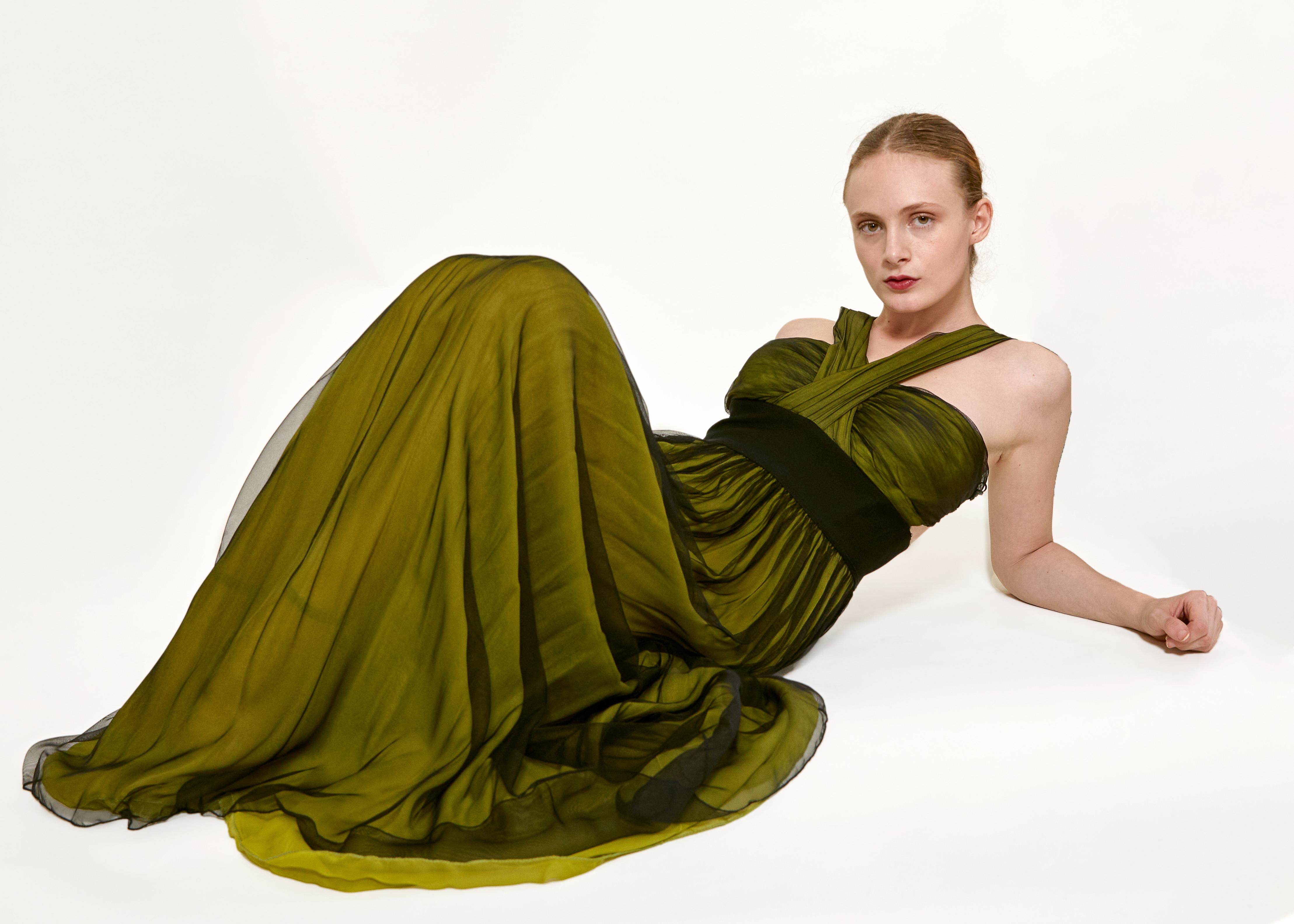 Dolce & Gabbana Green/Black Cross-Front Chiffon Gown For Sale 2