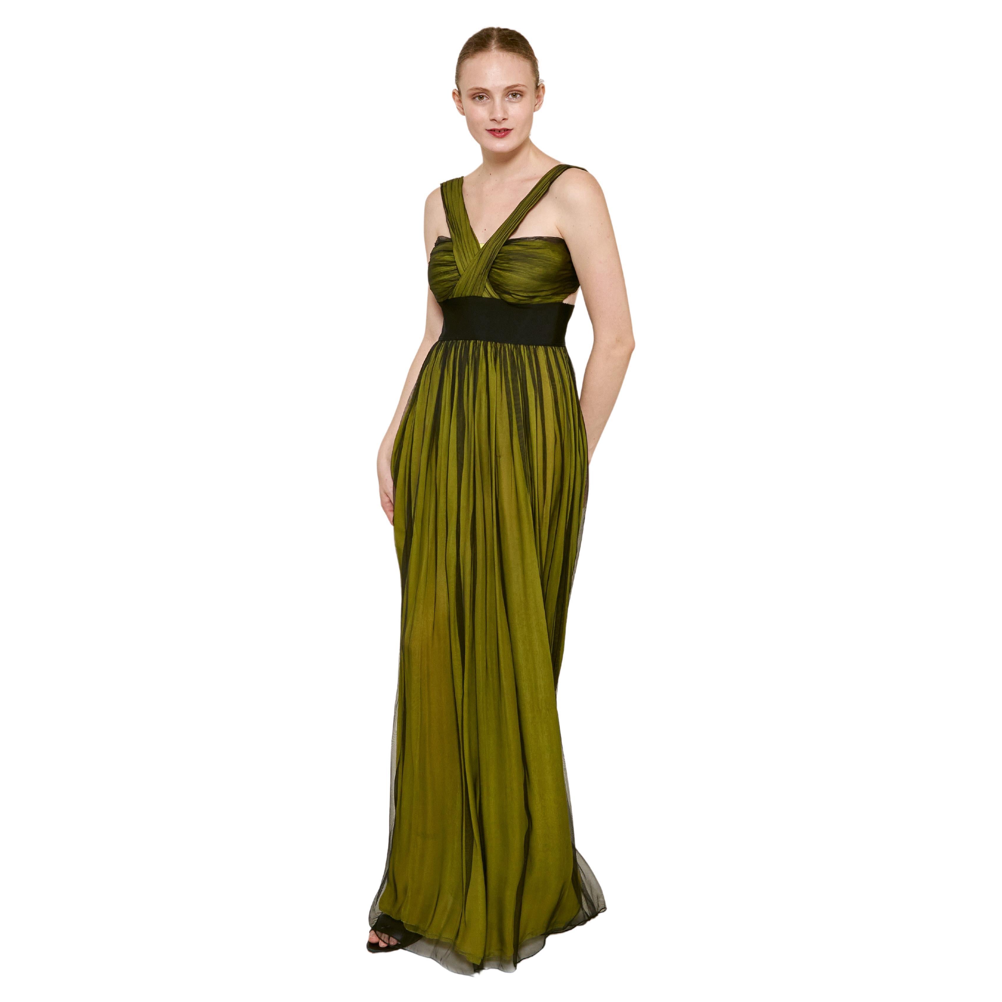 Dolce & Gabbana Green/Black Cross-Front Chiffon Gown For Sale