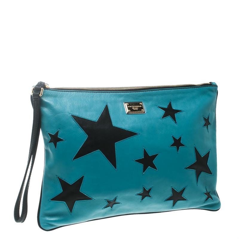 Dolce & Gabbana Green/Black Leather Star Detail Clutch In Excellent Condition In Dubai, Al Qouz 2