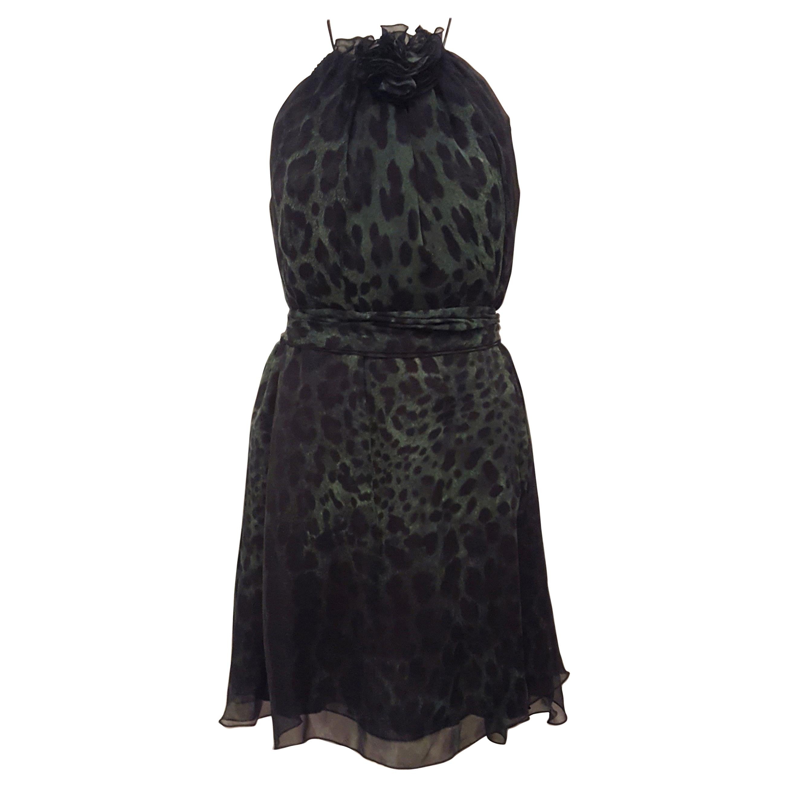 Dolce & Gabbana Green & Black Silk Leopard Print w/ Flower Ornament Dress 44 EU For Sale