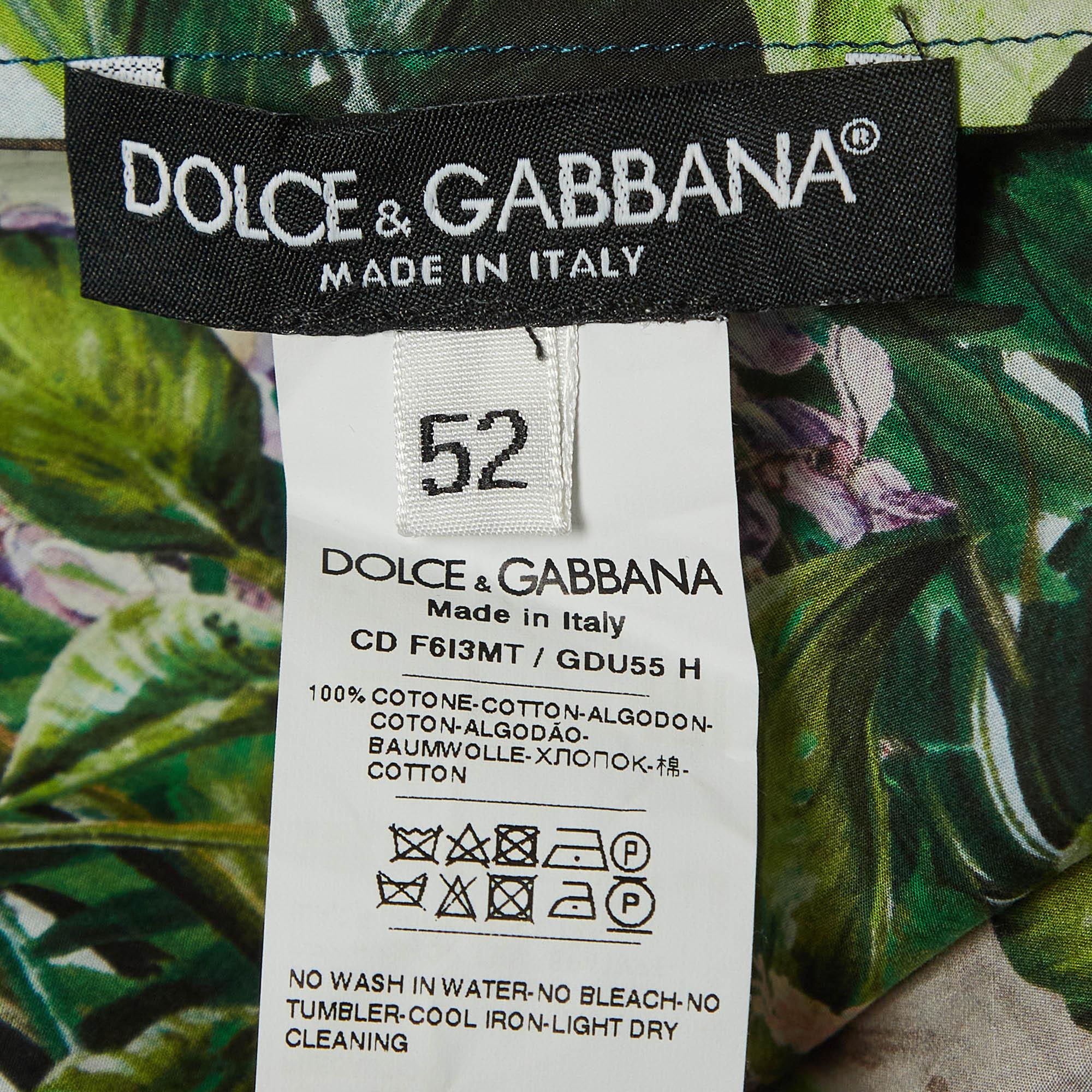 Women's Dolce & Gabbana Green Braces and Jungle Print Poplin Cold Shoulder Mini Dress XL For Sale