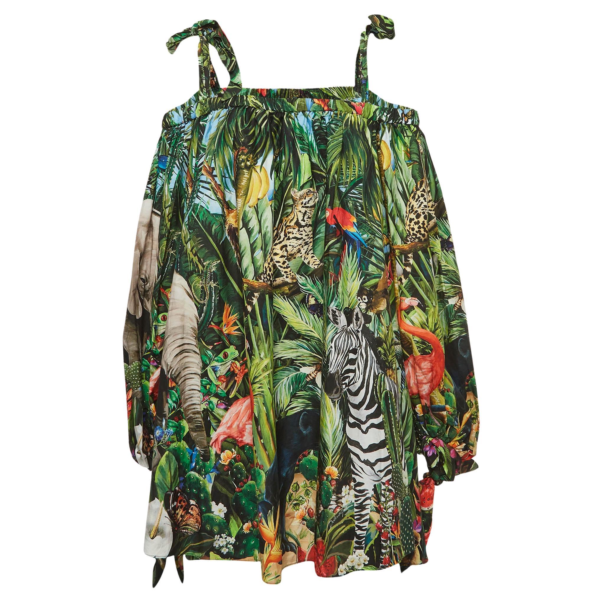 Dolce & Gabbana Green Braces and Jungle Print Poplin Cold Shoulder Mini Dress XL For Sale