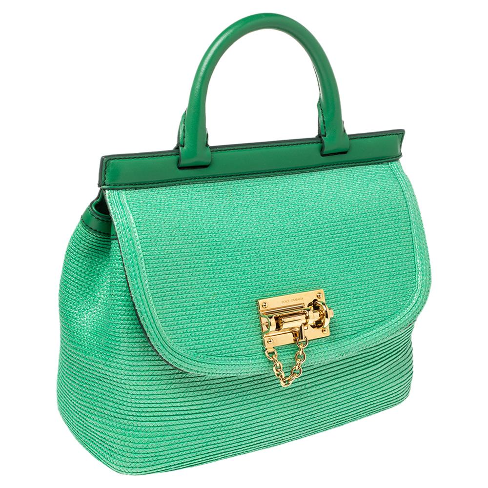 Women's Dolce & Gabbana Green Coated Raffia and Leather Miss Monica Top Handle Bag