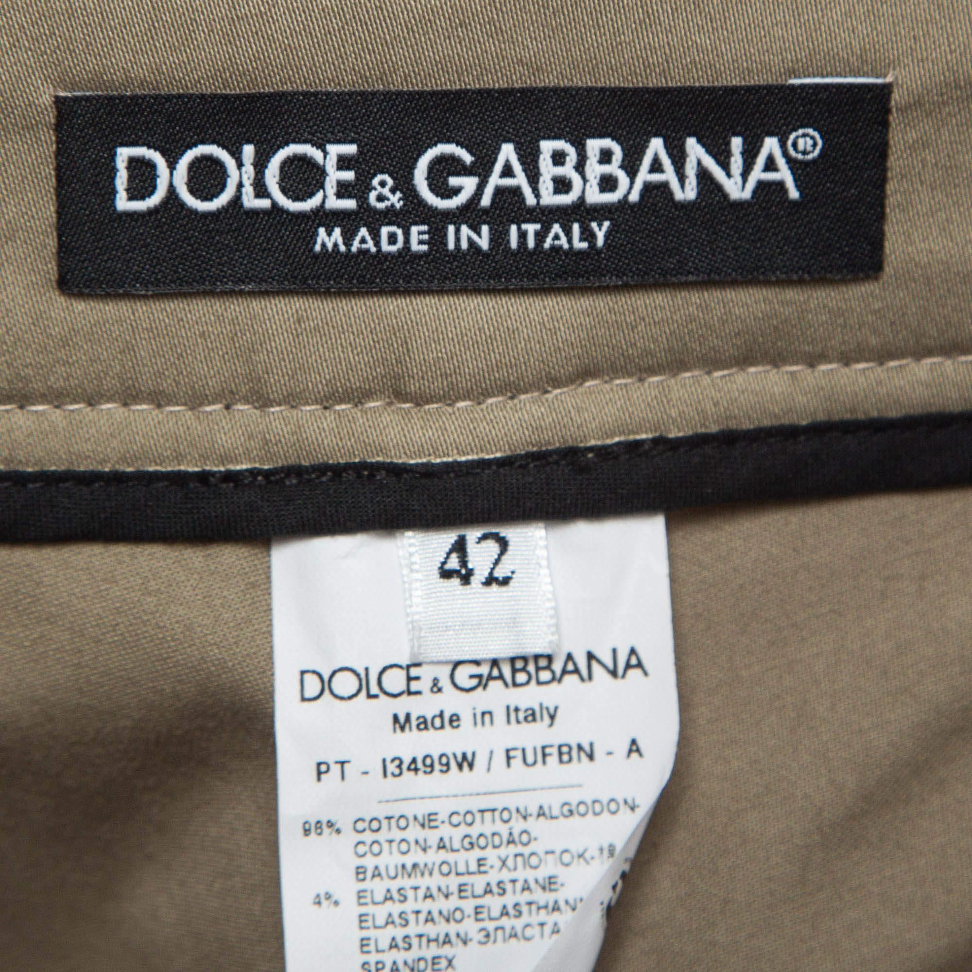 Dolce & Gabbana Green Contrast Side Trim Cotton Slim Trousers M For Sale 1