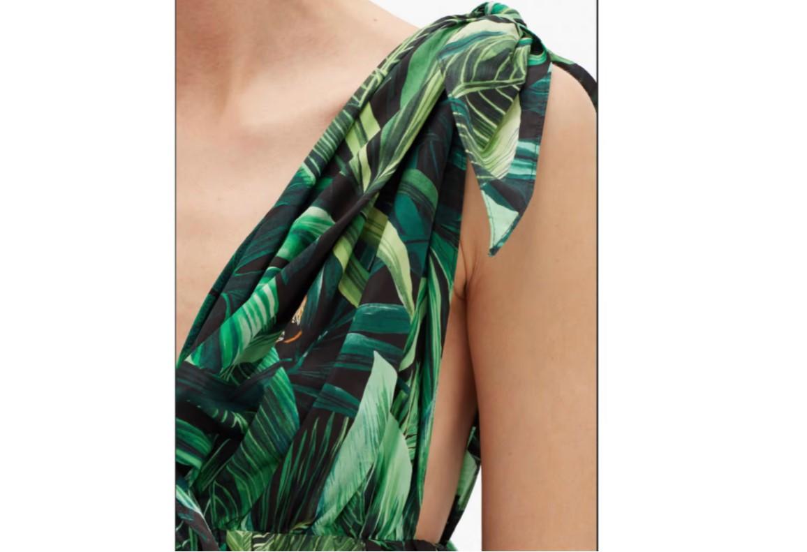 Black Dolce & Gabbana Green Cotton Jungle Leaf Poplin Mid-length Dress Runway Tropical For Sale