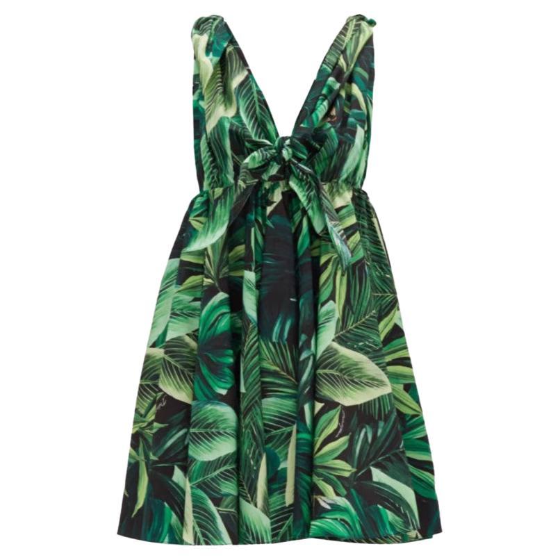 Dolce & Gabbana Green Cotton Jungle Leaf Poplin Mid-length Dress Runway Tropical For Sale